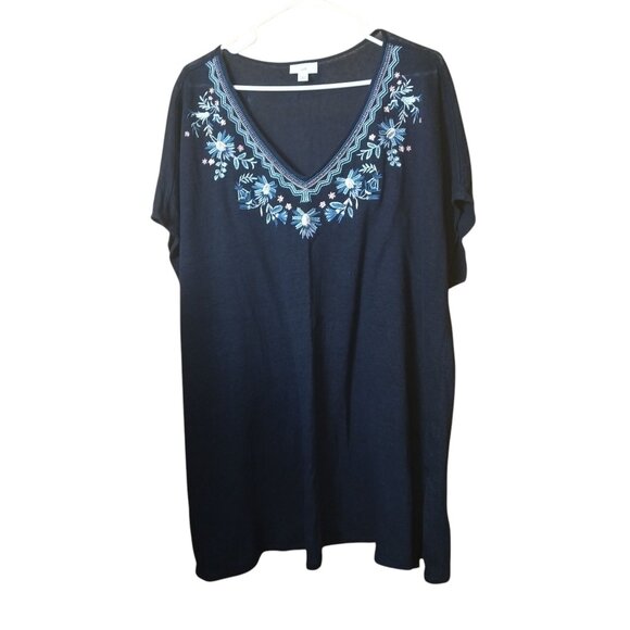 J. Jill Women's 2X Blue Floral Embroidered V-Neck 100% Linen Pullover T-Shirt - Picture 1 of 4